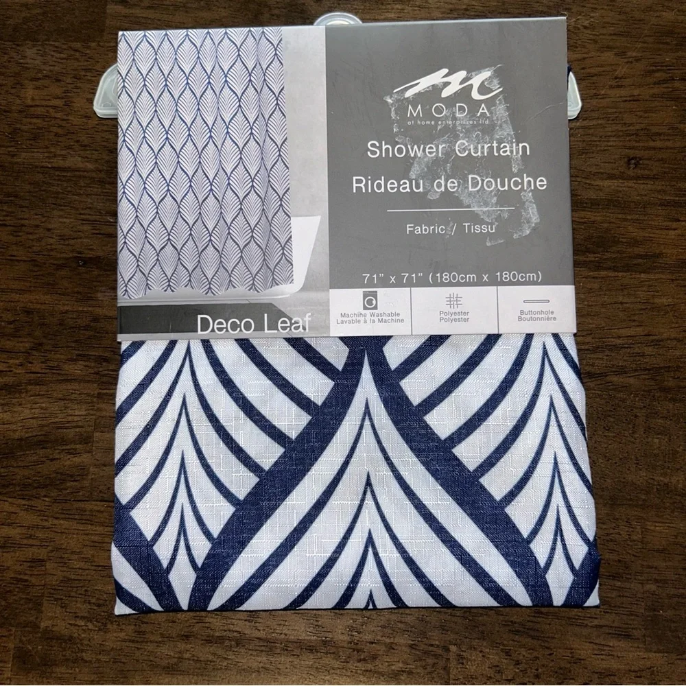 Moda Navy and White Deco Leaf Shower Curtain